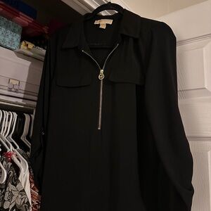 MICHAEL Michael Kors Black Zip-Front Blouse with Gold MK Pull